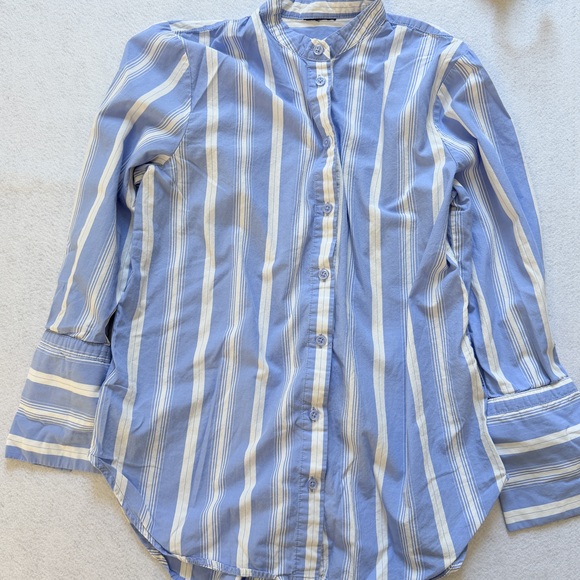 Who what wear 100% cotton Button blouse mandarin collar coastal blue stripe - Picture 3 of 8